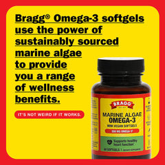 Bragg Omega-3 softgels packaging highlighting vegan, non-GMO, and gluten-free features