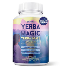 Brainista Yerba Magic capsules packaging close-up highlighting clean energy.