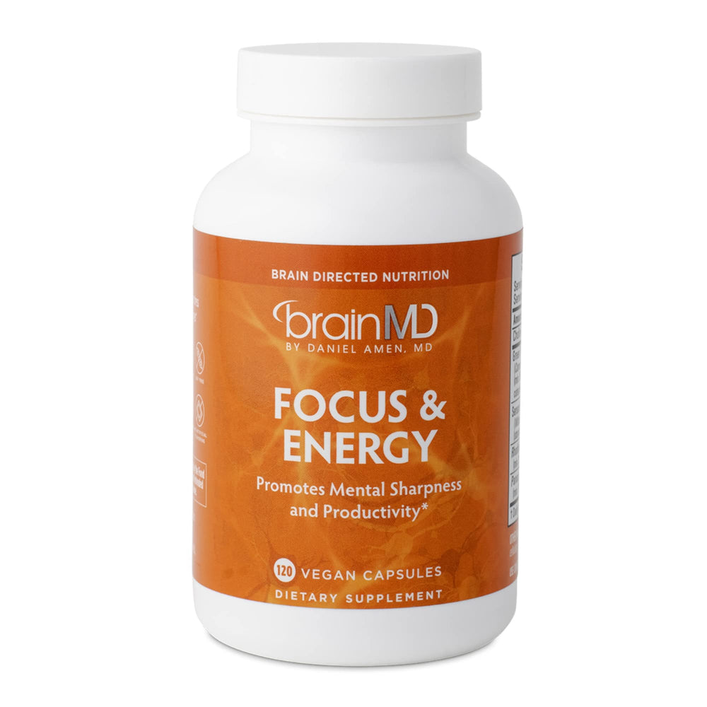 BrainMD Dr Amen Focus Energy bottle front highlights caffeine-free formula for mental stamina