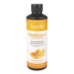BrainMD Dr Amen Omega-3 Power Squeeze Citrus Blast bottle shows citrus flavored formula for easy daily use