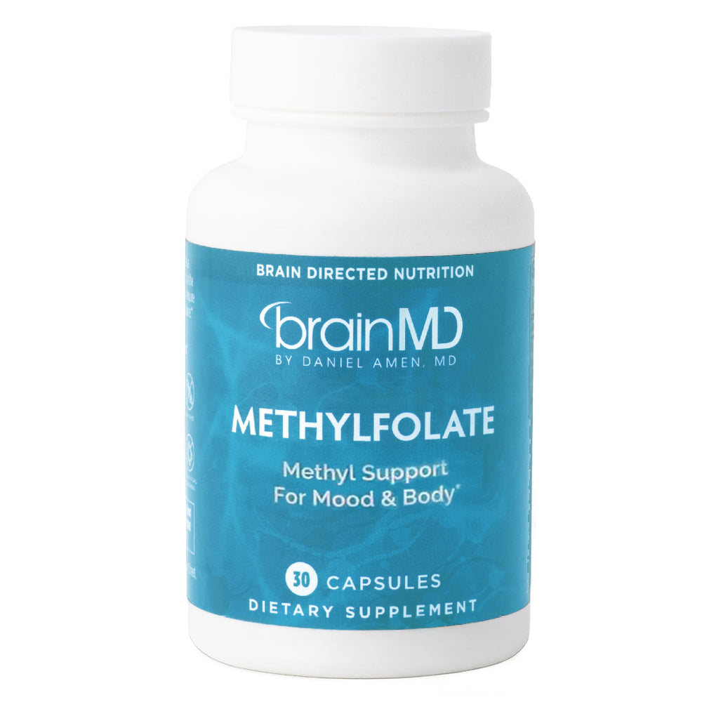 BrainMD Methylfolate bottle with 30 capsules for mood support and brain health.