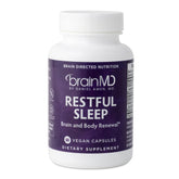 BrainMD Restful Sleep bottle front showing branding for nighttime support.