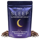 Brainoa Sleep Cocoa steaming mug invites a warm bedtime ritual and chocolatey calm.