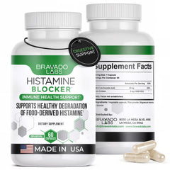 Bravado Labs Histamine Blocker bottle close-up highlighting DAO enzyme support for daily histamine management.
