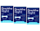 Breathe Right Clear nasal strip on the nose, gentle for sensitive skin and easier breathing.