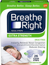 Breathe Right Extra Strength Clear Nasal Strip on the nose for easier breathing