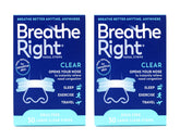 Breathe Right nasal strips clear large on nose for easier breathing.