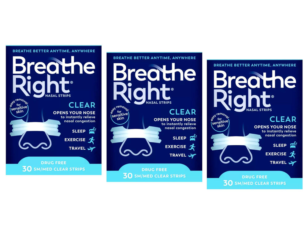 Breathe Right nasal strips small/medium, clear, shown on three-pack box