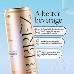 BREZ Flow ingredients show cacao, l-theanine, and black seed oil for balanced energy