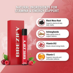 Brezify Stamina Boost bottle featuring fruity cherry-berry aroma with menthol twist for uplift.