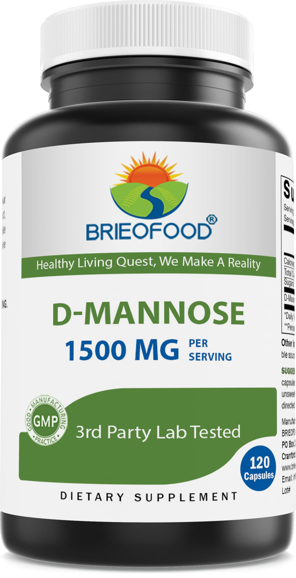 Brieofood D-Mannose bottle-120caps for a convenient daily supply.