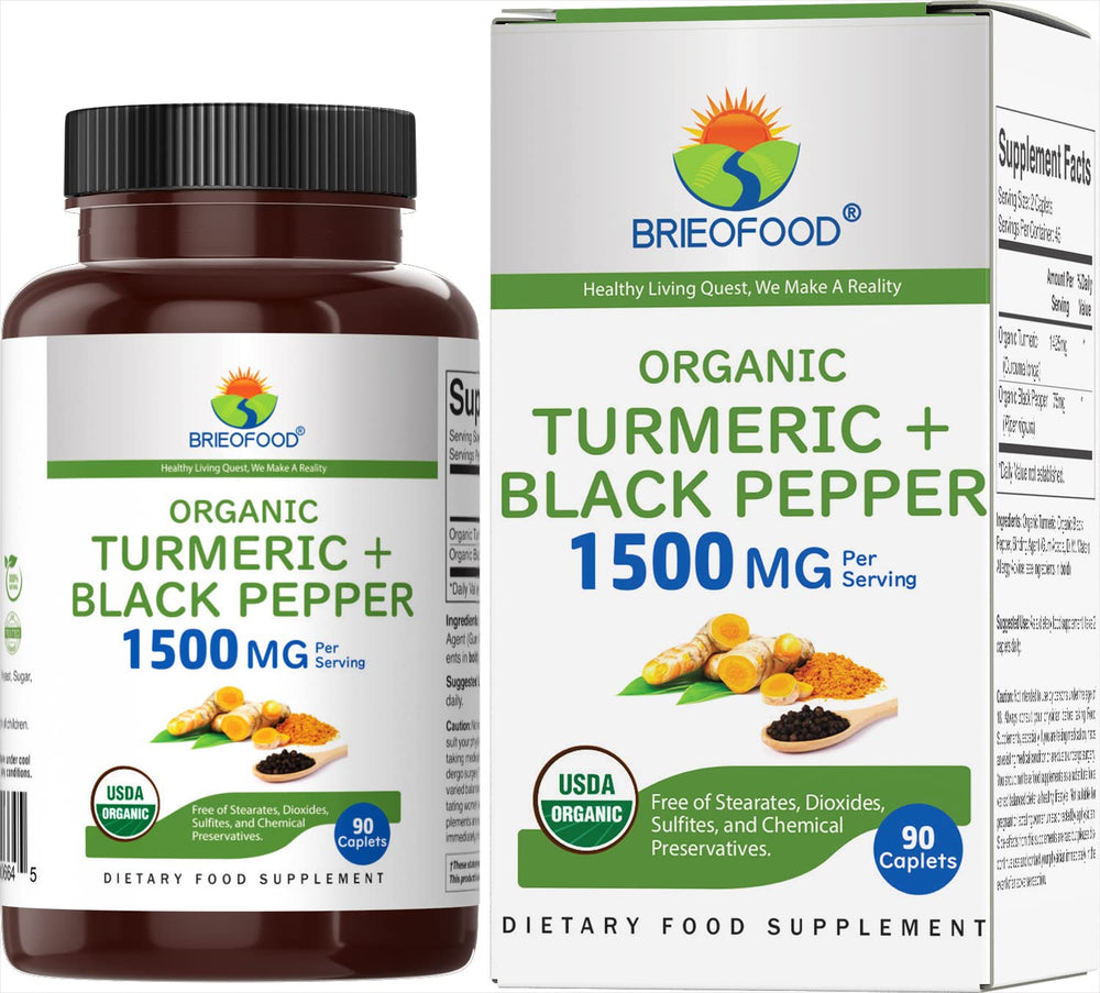 Brieofood Organic Turmeric with Black Pepper bottle showing 1500mg serving for daily wellness