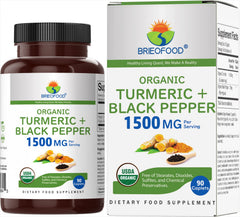Brieofood Organic Turmeric with Black Pepper bottle showing 1500mg serving for daily wellness