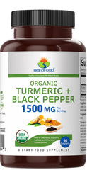 Close-up of Brieofood turmeric tablets with 750mg per tablet for easy daily dose