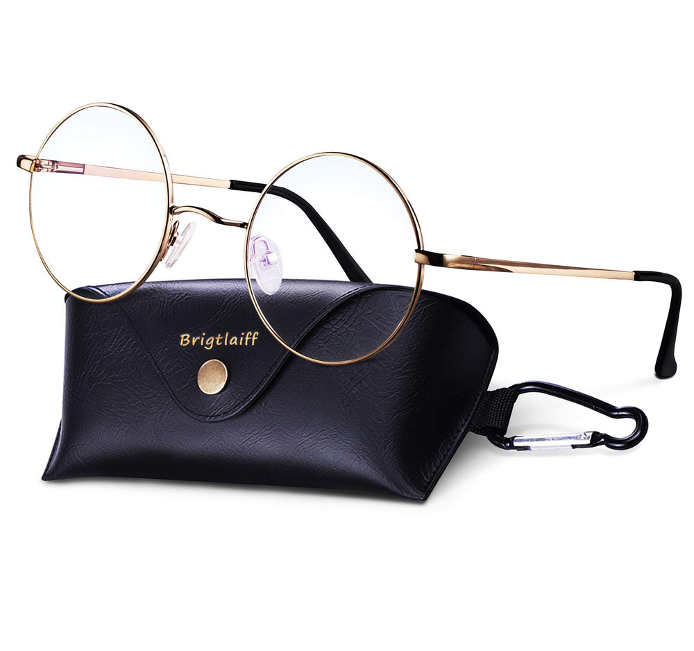 Brigtlaiff round blue light glasses with gold frame for everyday computer use.