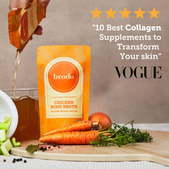 Brodo Deeply Rooted organic chicken bone broth pouch enhances soups and sauces.