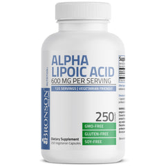Bronson Alpha Lipoic Acid ingredients highlight gluten-free and soy-free composition.