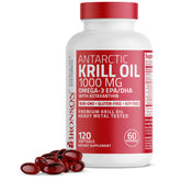 Bronson Antarctic Krill Oil bottle with 120 softgels for daily omega-3 support.
