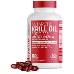 Bronson Antarctic Krill Oil softgels in a bottle for daily omega-3 intake