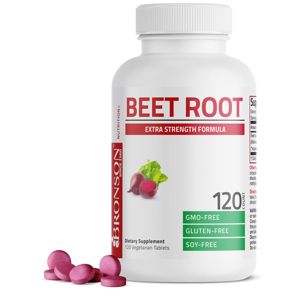Bronson Beet Root Extra Strength bottle front view highlights the 120 vegetarian tablets.