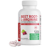Bronson Beet Root + L-Arinine capsules in bottle showing vegan and non-GMO attributes for daily stamina support