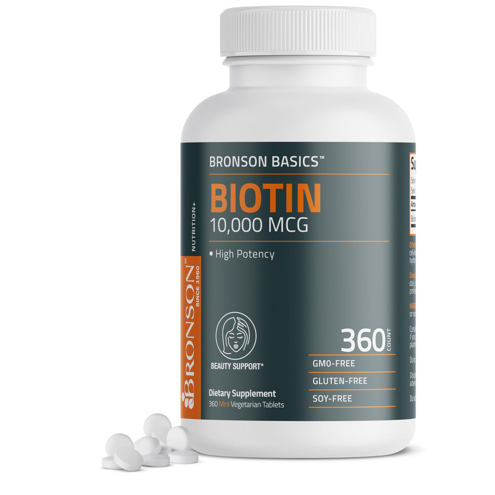 Bronson Biotin 10000mcg bottle shows daily supplement benefits