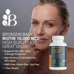 Bronson Biotin packaging displaying 150 tablets for daily use