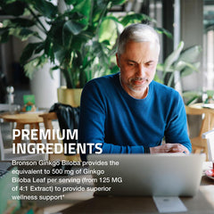 Bronson Ginkgo Biloba packaging on display emphasizes brand longevity since 1960.