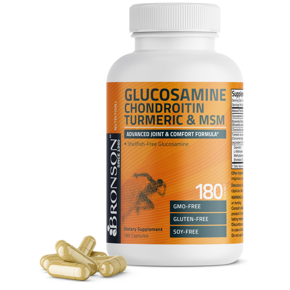 Bronson glucosamine-chondroitin-turmeric-msm bottle showing joint support for daily activities.