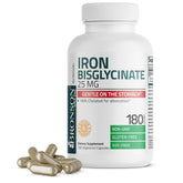 Bronson Iron Bisglycinate 25 mg bottle close-up, easy-to-swallow capsules for daily energy.