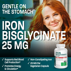 Bronson Iron Bisglycinate label detail, non-GMO and gluten-free promise.
