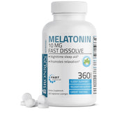 Bronson Melatonin 10 mg fast-dissolve peppermint tablets in a bottle for easy bedtime use.