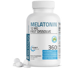 Bronson Melatonin 12mg fast-dissolve lozenges in a pack for convenient nighttime relief.