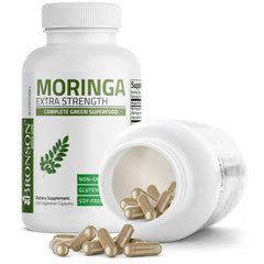 Bronson Moringa label highlights non-GMO, gluten-free, and soy-free ingredients.