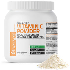 Bronson non-acidic vitamin C powder bottle with label, gentle on stomach.