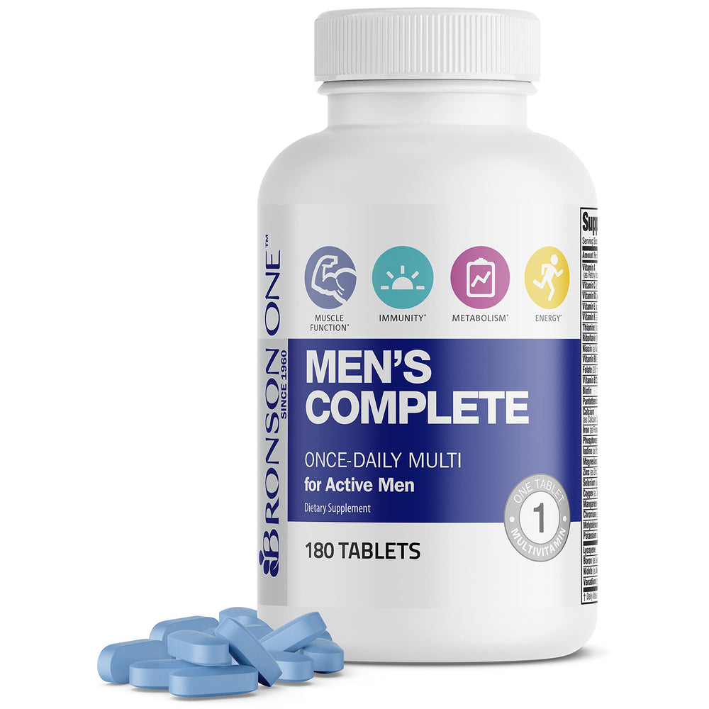 Bronson ONE Daily Men’s Complete bottle front showing daily energy support theme.