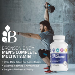 Bronson ONE Daily Men’s Complete tablets close-up ready for daily use.