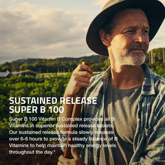 Bronson Super B 100 sustained-release illustration suggests steady nutrient delivery.