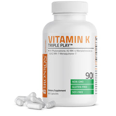 Bronson Vitamin K Triple Play bottle front showing full spectrum K1 MK4 MK7 support for bones