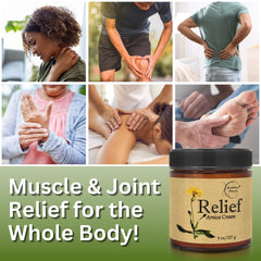 Brookethorne Naturals Relief Arnica Cream jar closeup shows creamy texture ideal for targeted massage.