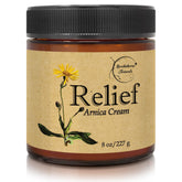 Brookethorne Naturals Relief Arnica Cream label highlights all-natural ingredients for soothing comfort.