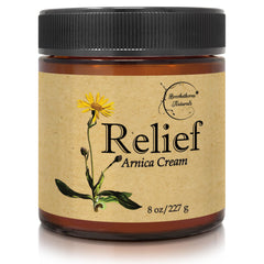 Brookethorne Naturals Relief Arnica Cream label highlights all-natural ingredients for soothing comfort.