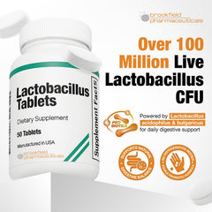 Brookfield Probiotics tablet closeup shows Lactobacillus blend for digestive balance.