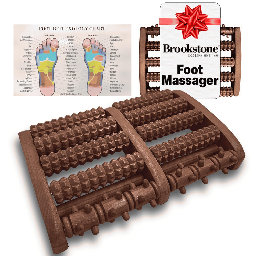 Brookstone Foot Roller Massager with wooden base for home therapy comfort