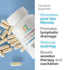 Bruizex FibroBuster capsules close-up highlighting proteolytic enzymes and scar care.