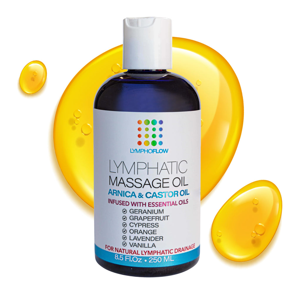 Bruizex lymphatic drainage oil bottle with arnica for post-surgery comfort.