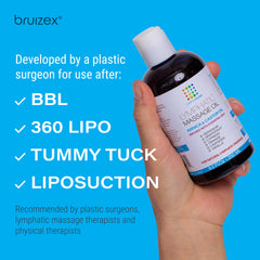 Bruizex post liposuction care oil used in a smoothing massage routine.