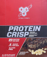 BSN Protein Crisp bar front shows chocolate crunch, a high-protein snack option.