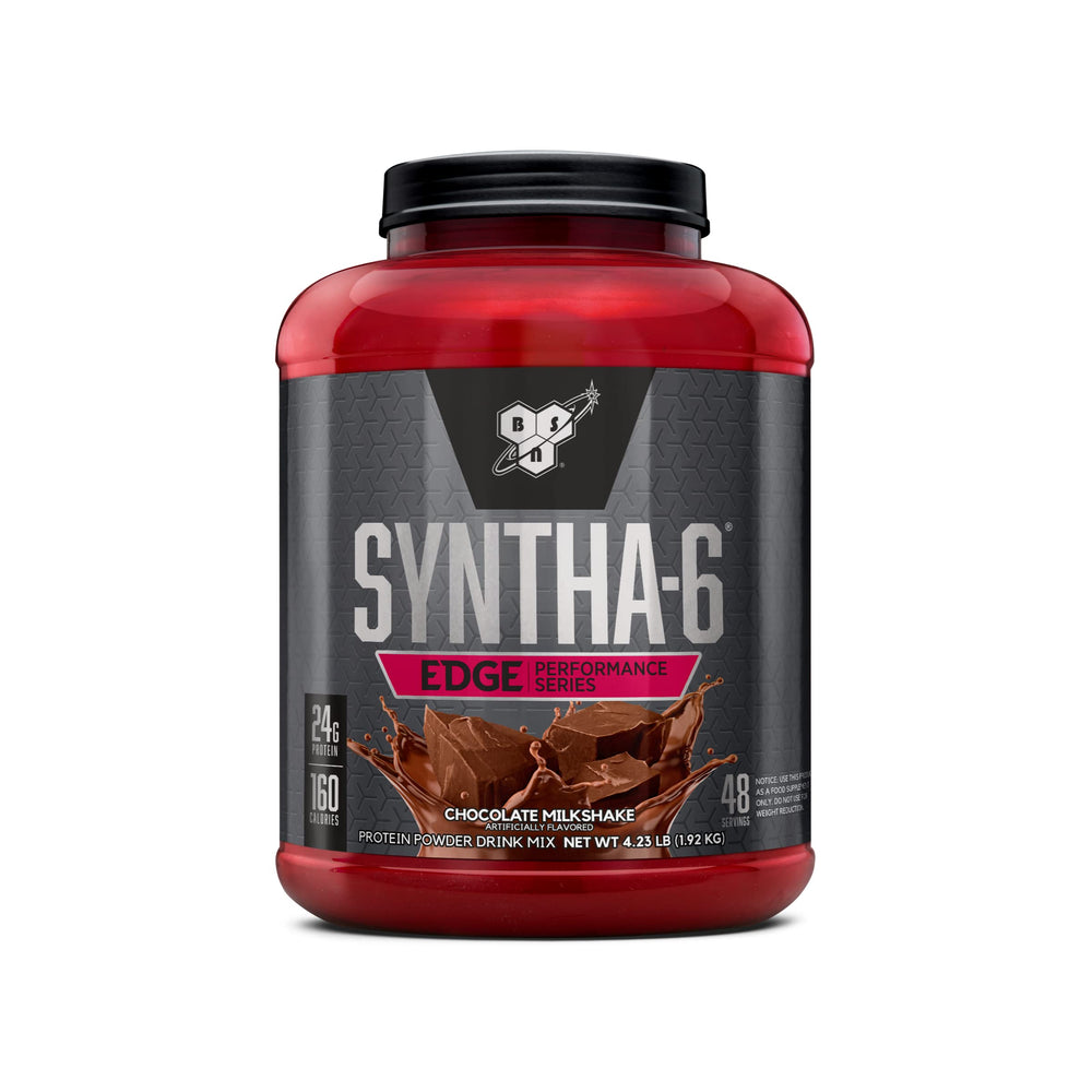 BSN SynthA-6 Edge chocolate milkshake packaging highlights premium protein blend for recovery.