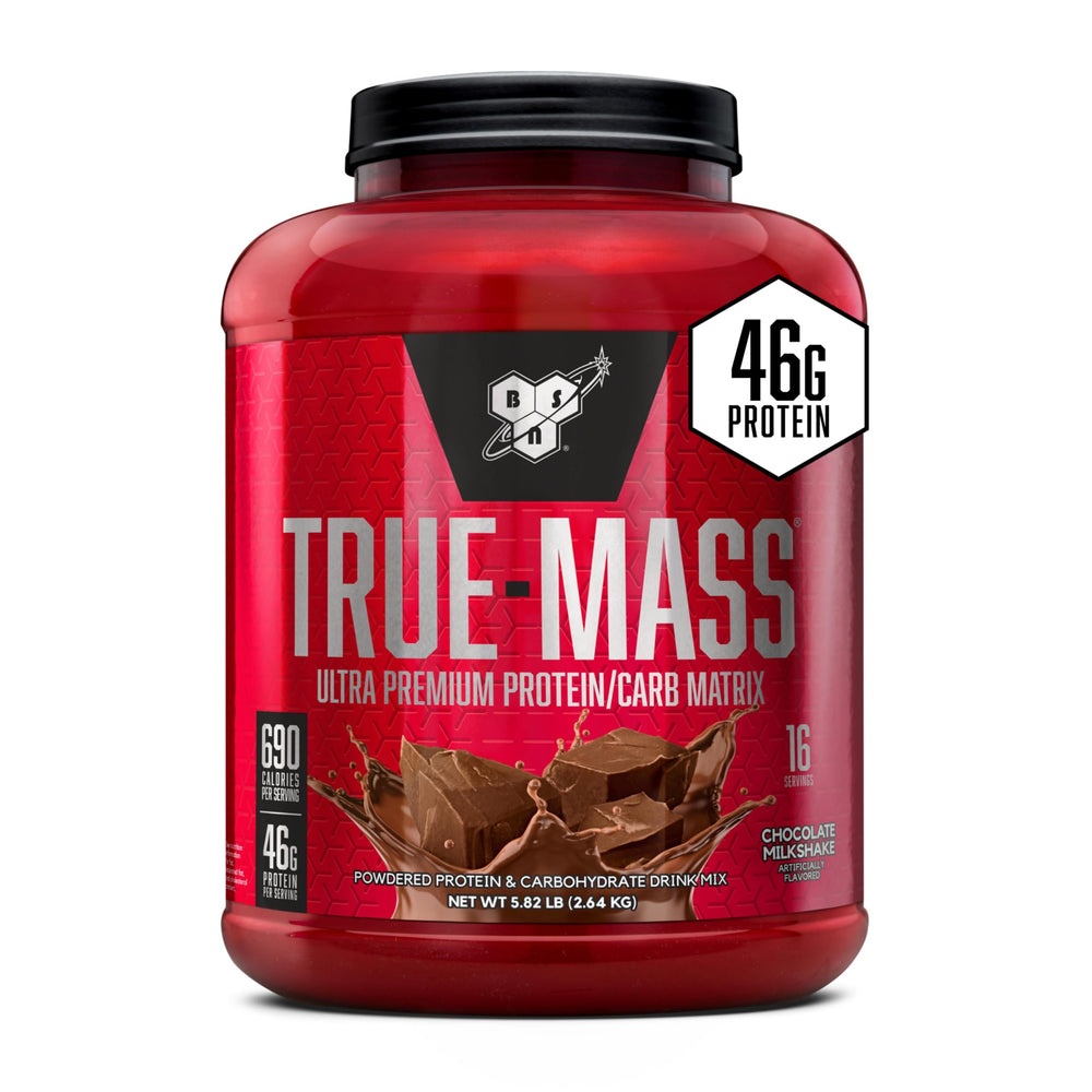 BSN TRUE-MASS bottle front showing premium mass gainer for athletes.